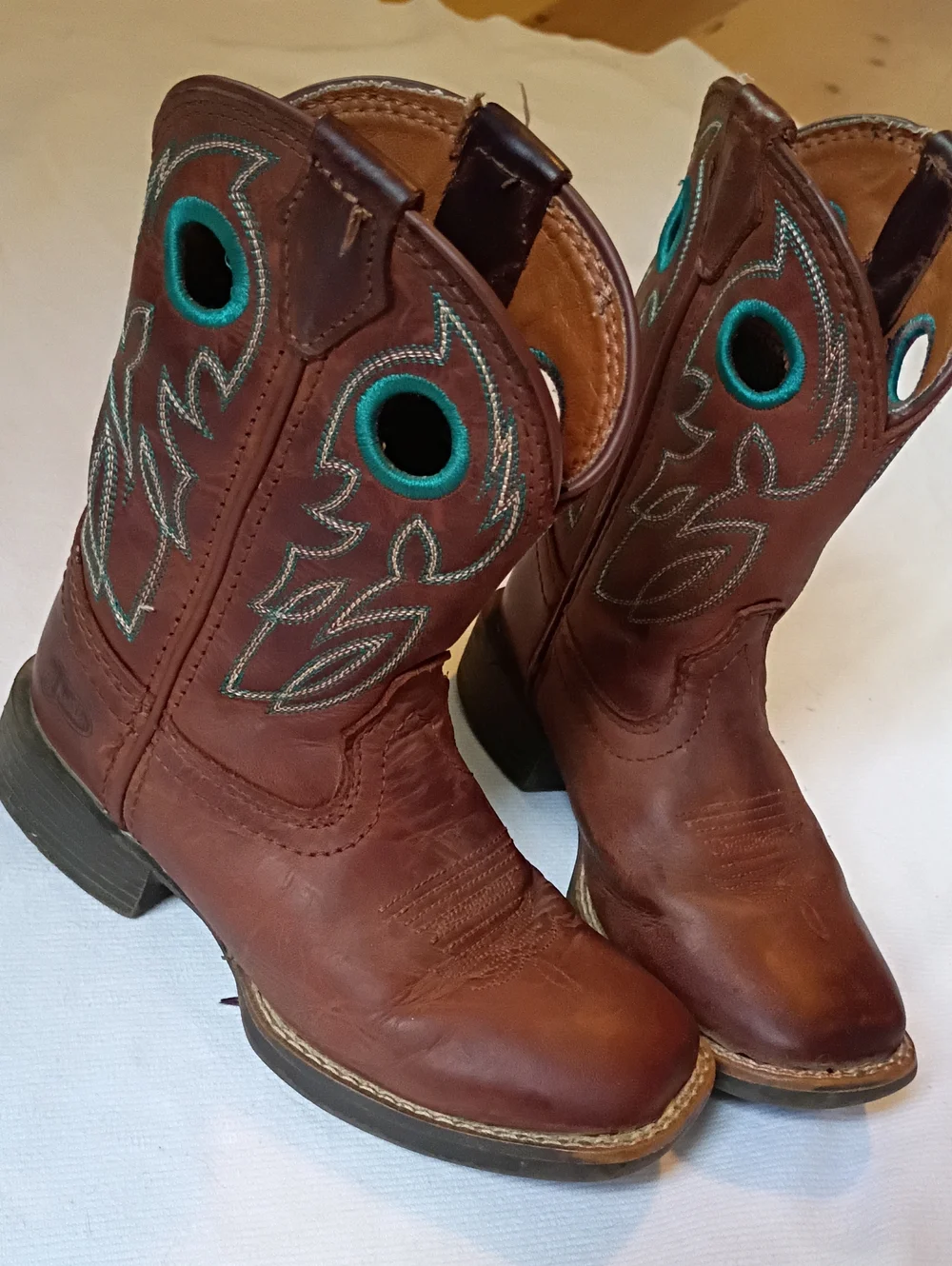 Justin Boots Kids Brown Leather Western Boots with Teal Stitching